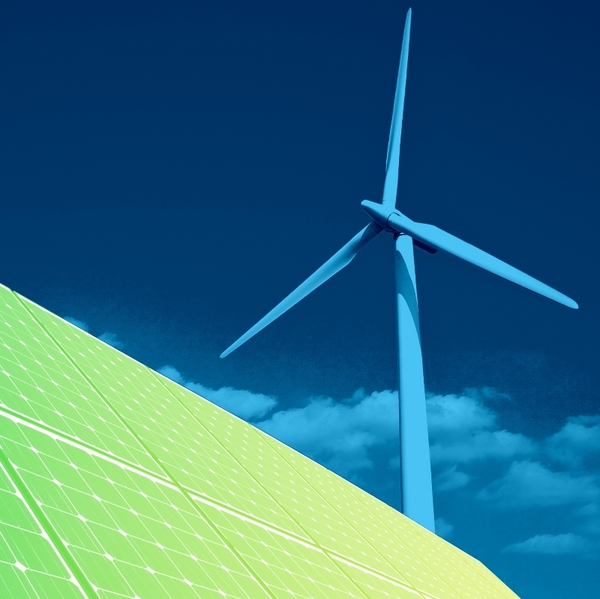 Solar panels and a wind turbine.