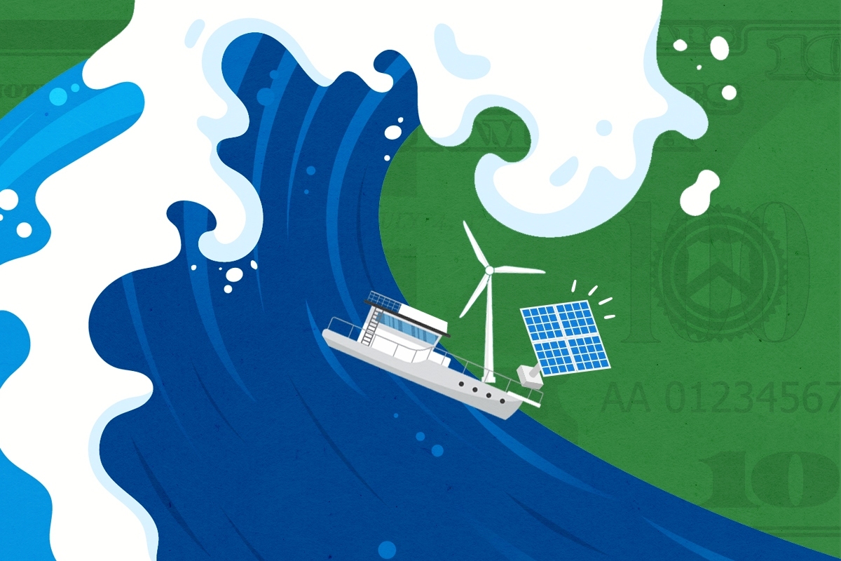 A boat caught in a wave.