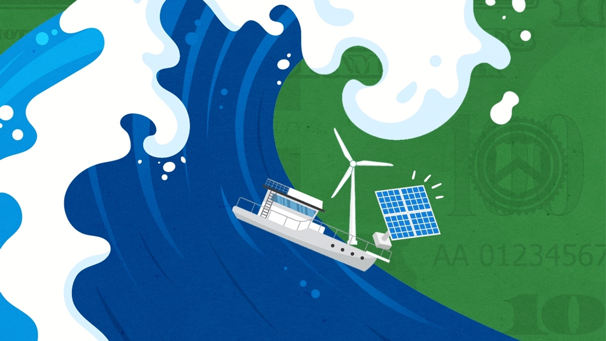 A boat caught in a wave.