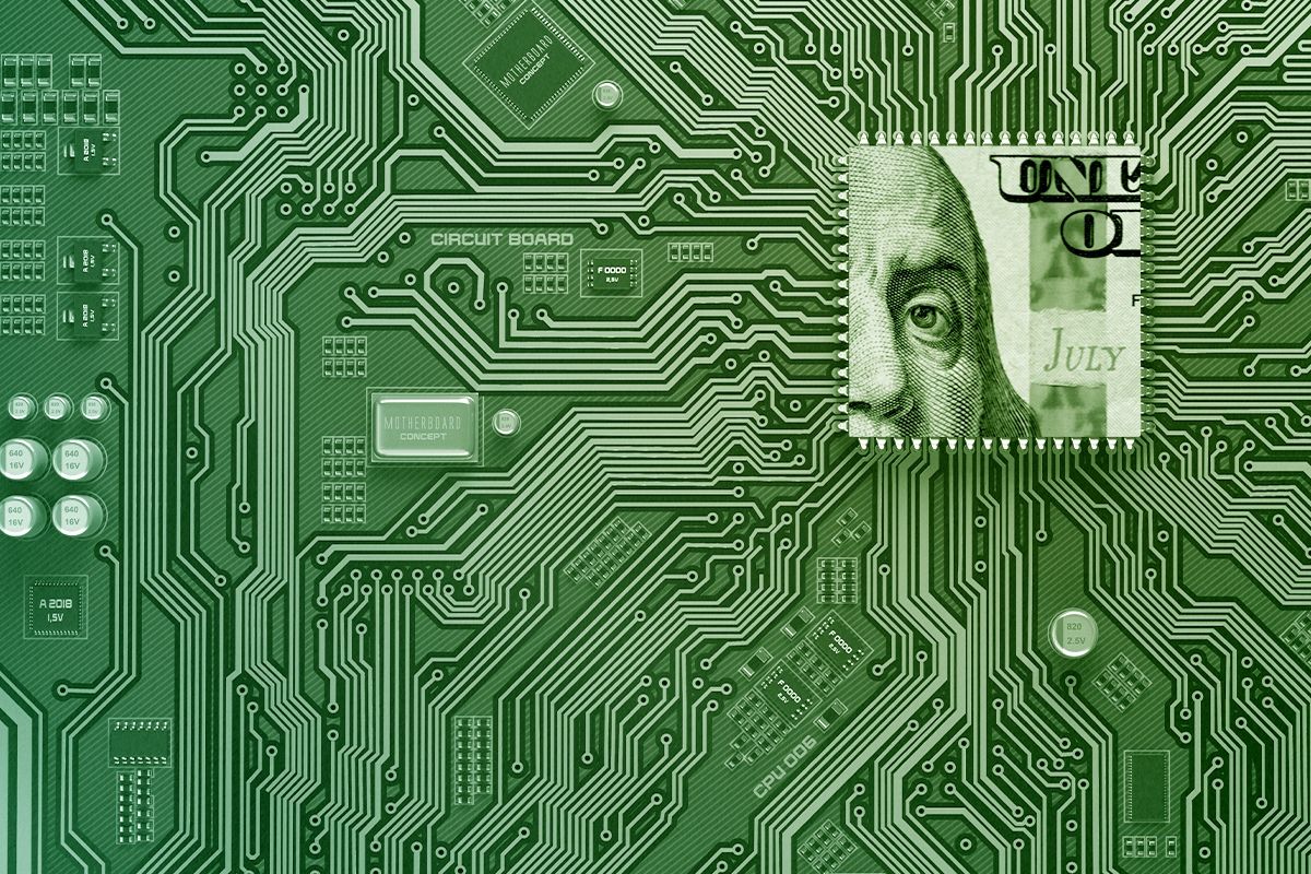 A circuit board and money.