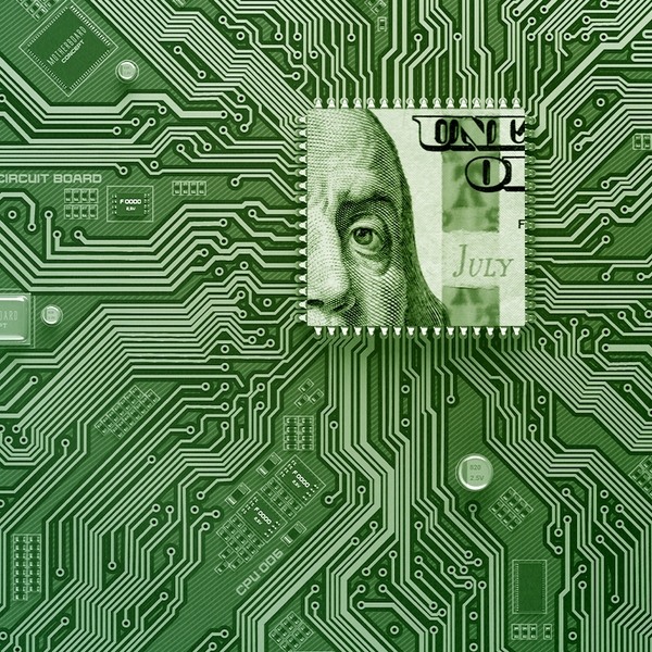 A circuit board and money.