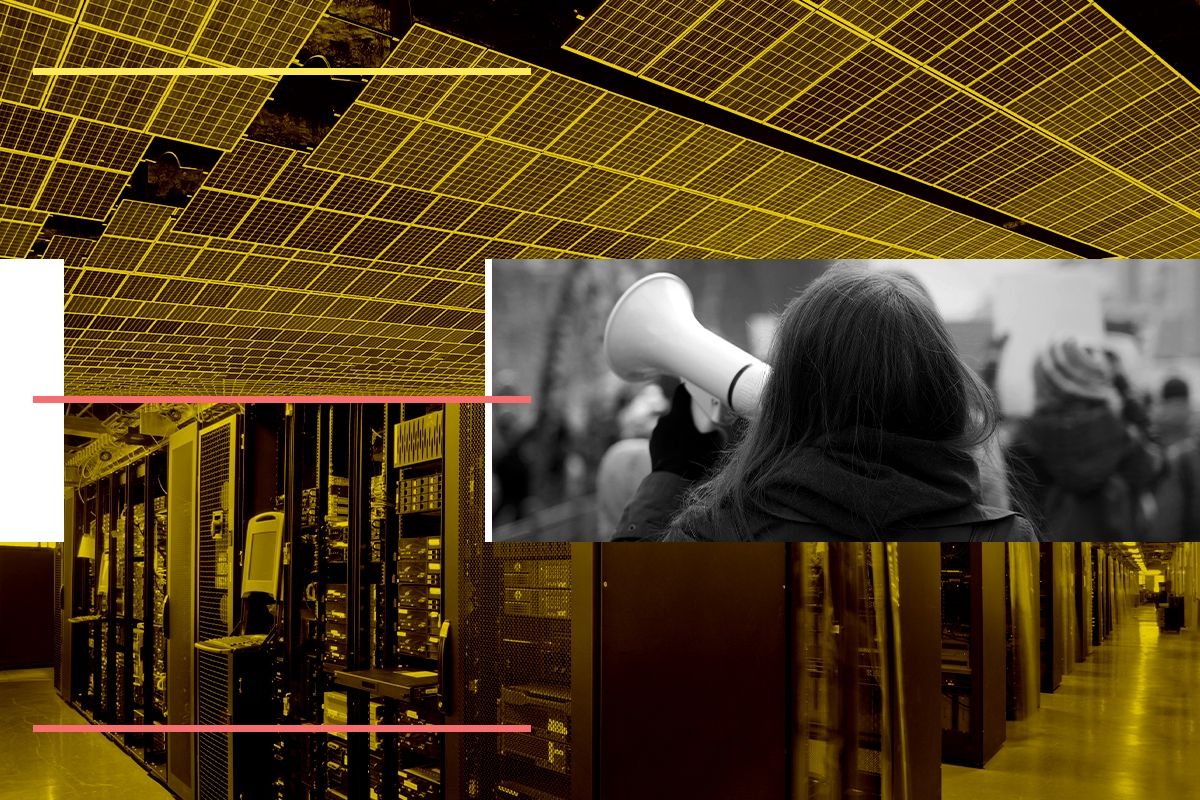 Protesters, a data center, and solar panels.