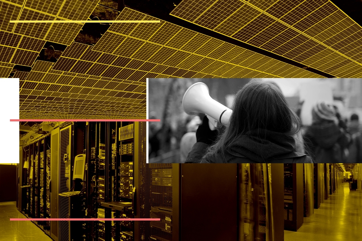 Protesters, a data center, and solar panels.