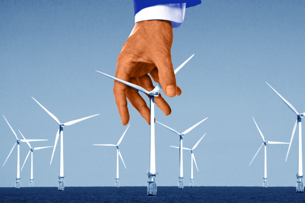 Donald Trump grabbing a wind turbine.