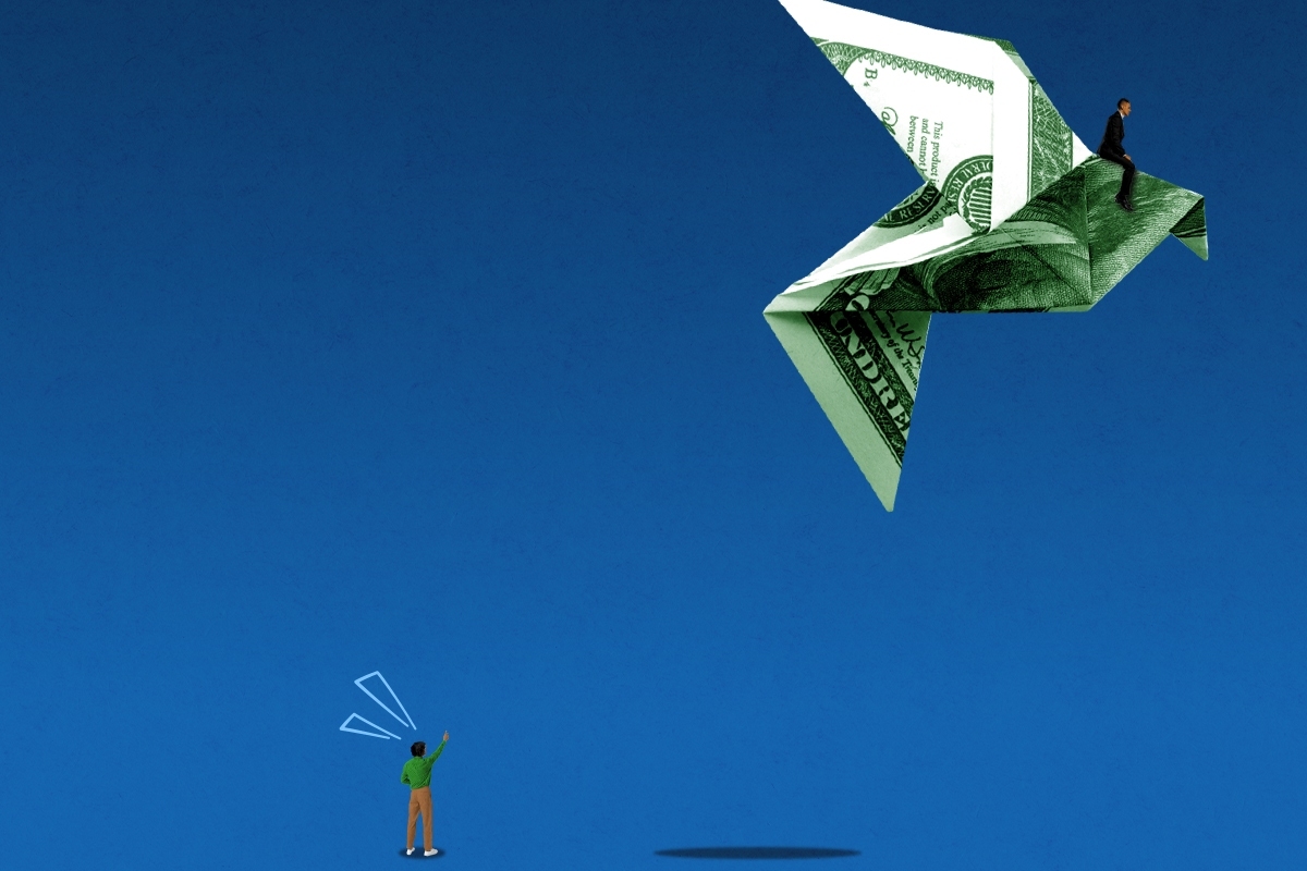 Flying away on money.