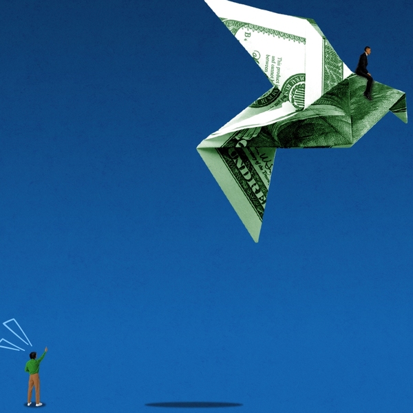Flying away on money.