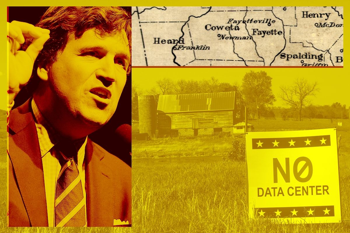 Tucker Carlson and a data center protest sign.