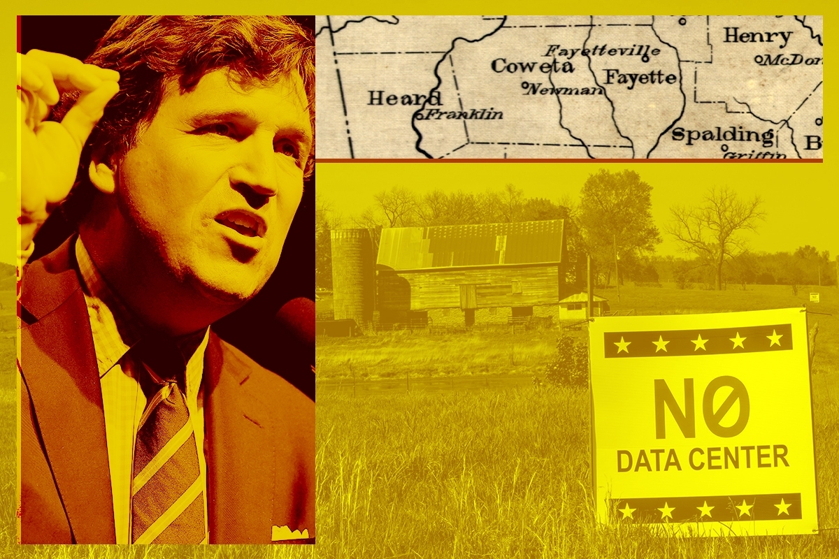 Tucker Carlson and a data center protest sign.