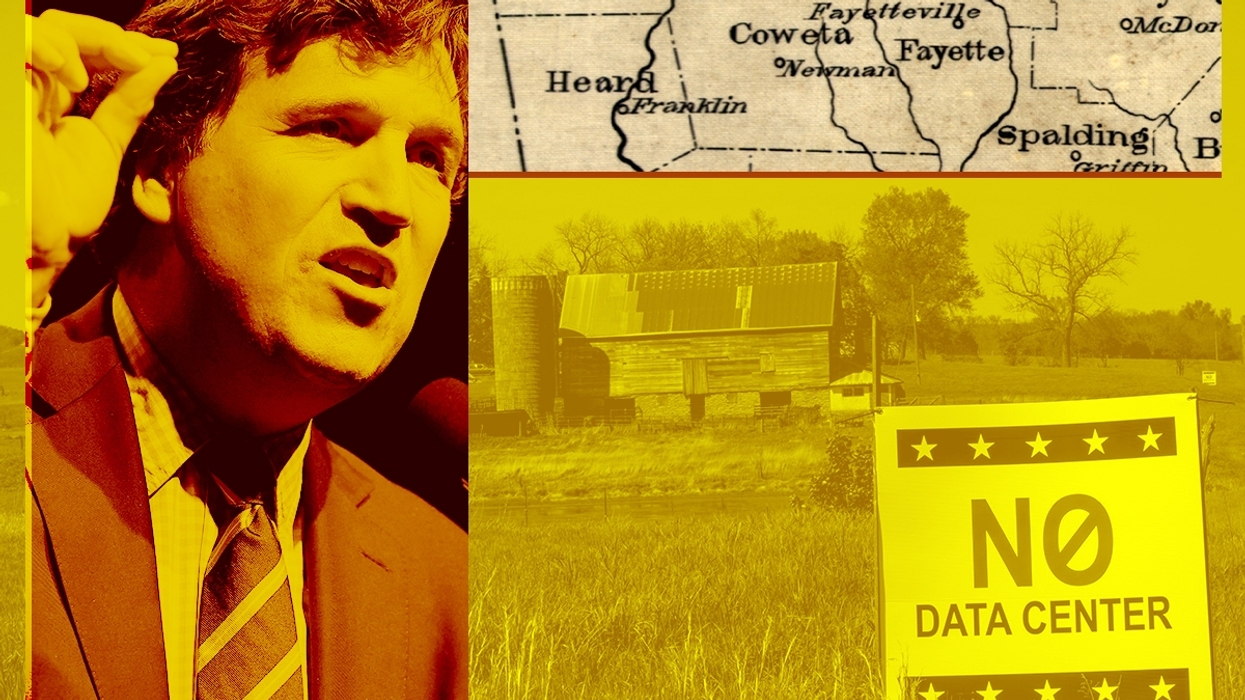 Tucker Carlson and a data center protest sign.