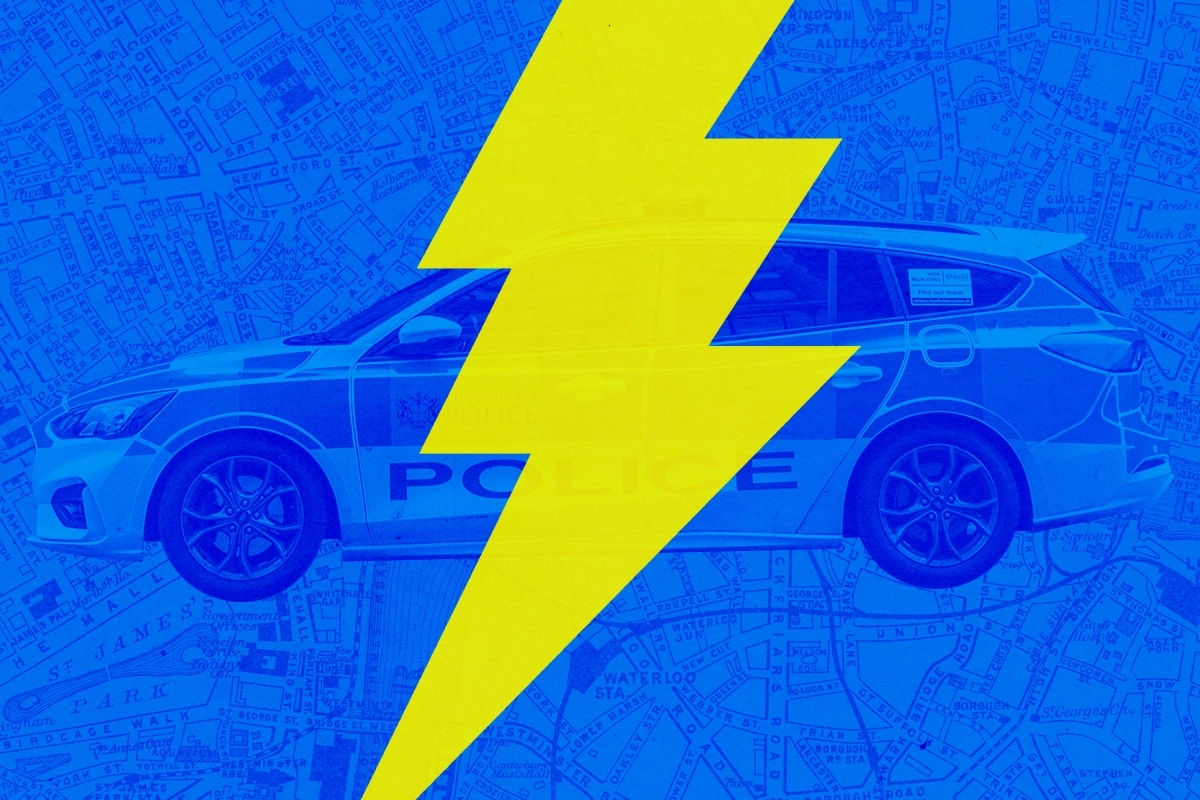 A police car and a lightning bolt.