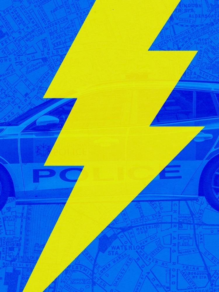 A police car and a lightning bolt.
