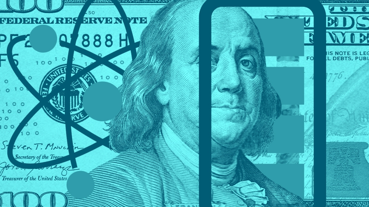 A hundred dollar bill, an atom, and a battery.