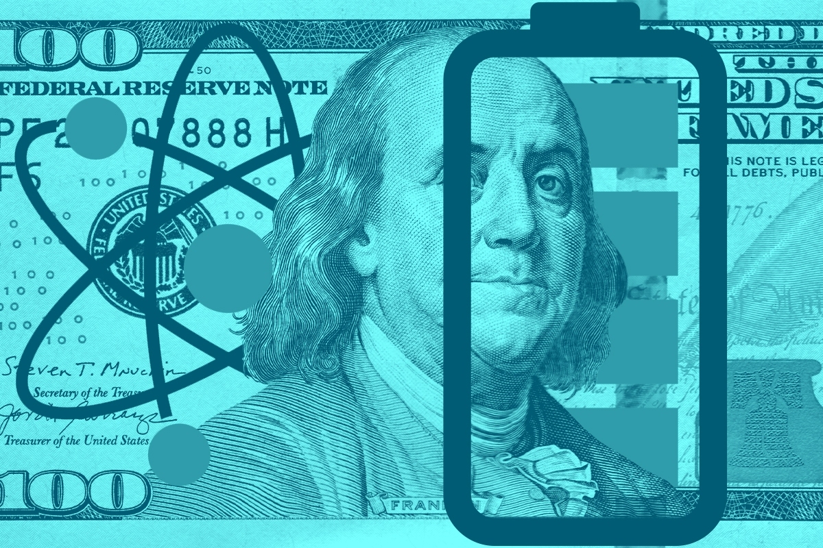 A hundred dollar bill, an atom, and a battery.