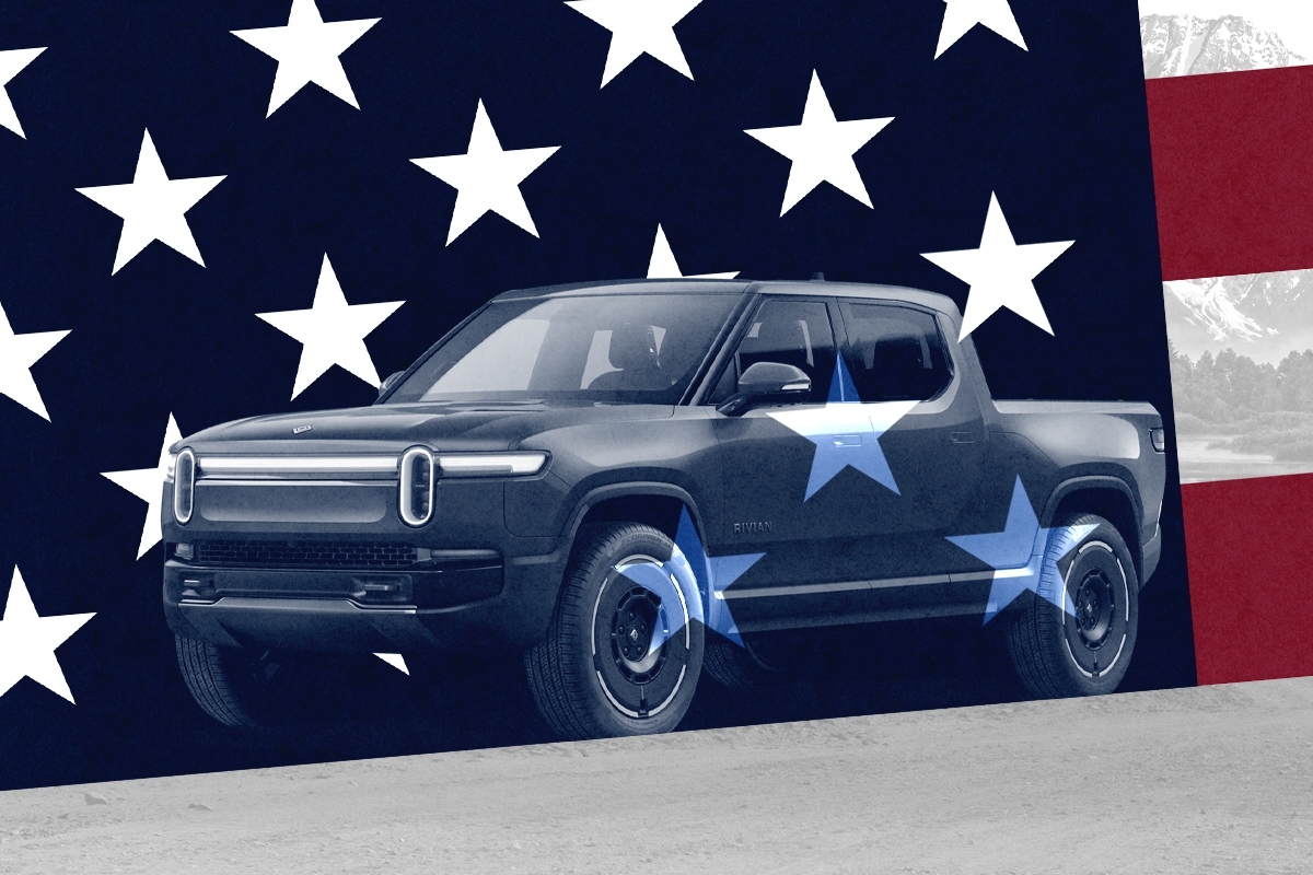 A Rivian and an American flag.