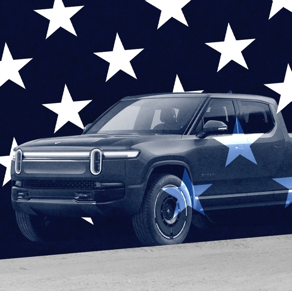 A Rivian and an American flag.