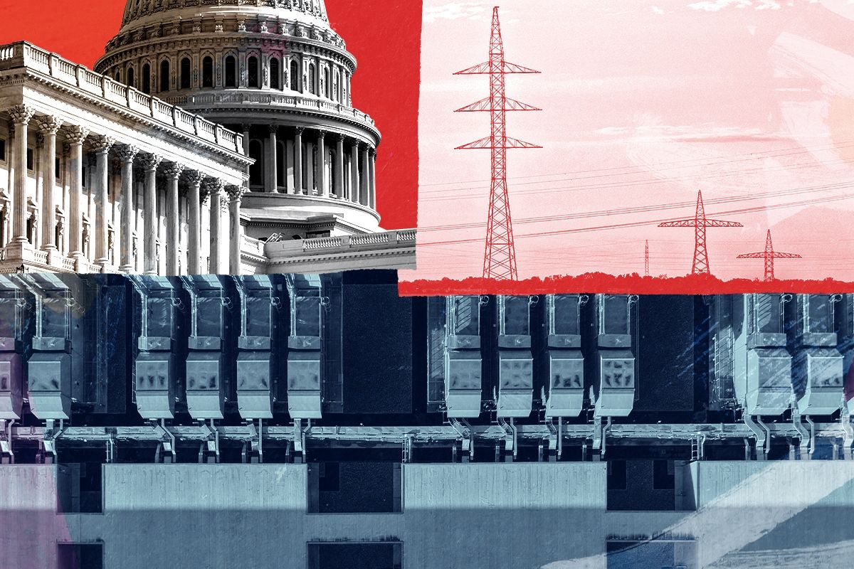 The Capitol, a data center, and power lines.