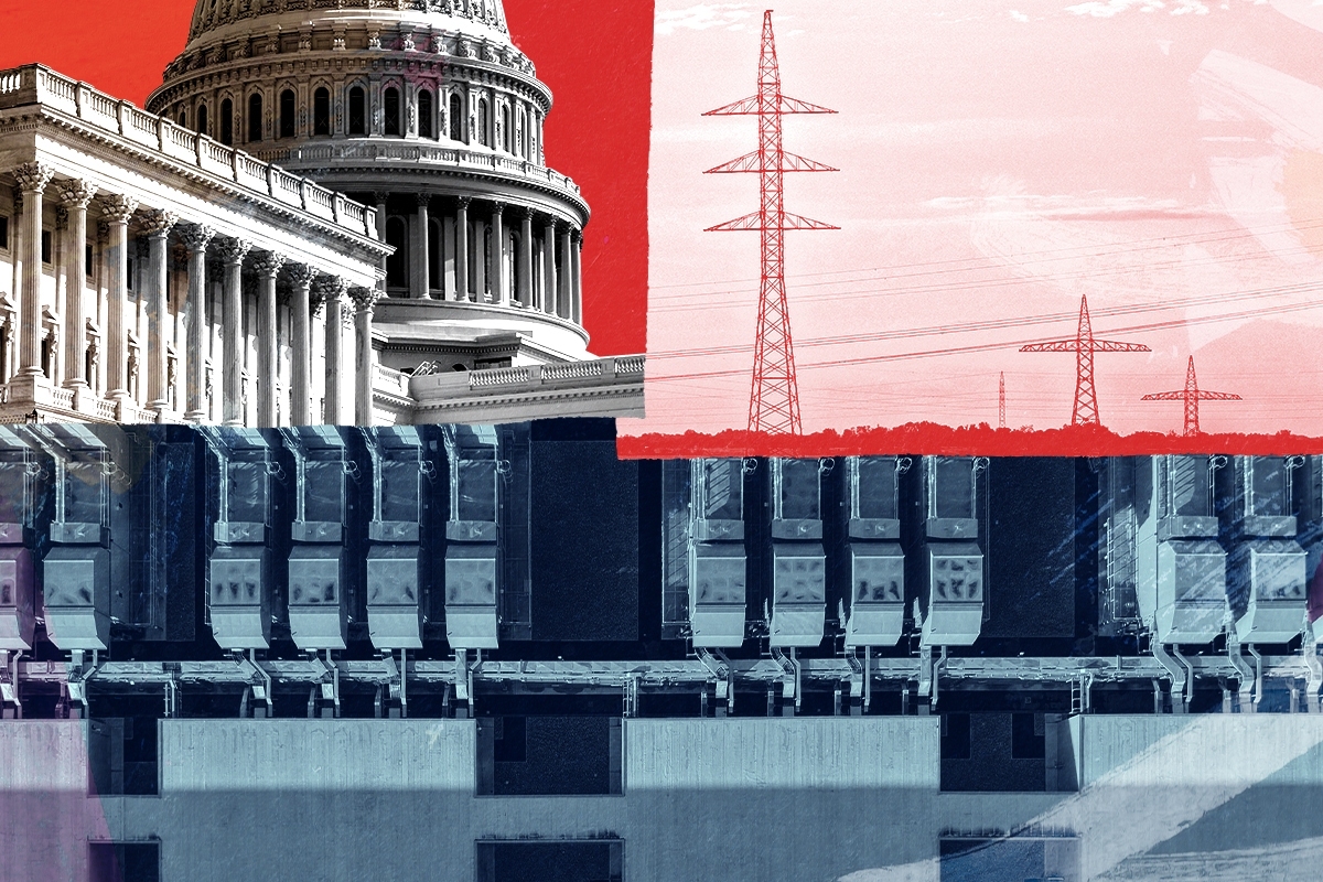 The Capitol, a data center, and power lines.