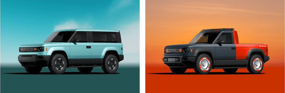On left, turquoise four-seater SUV; on right, a red and gray pickup with custom roof racks and wheels
