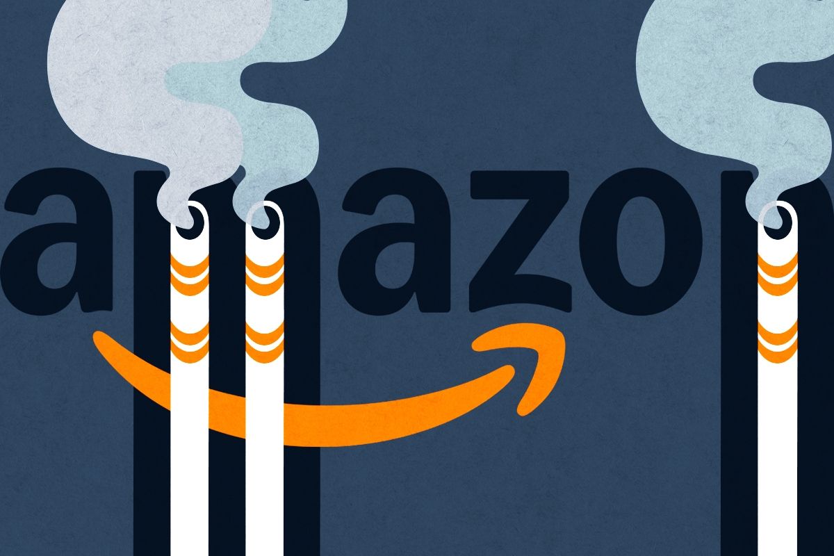 The Amazon logo and smokestacks.