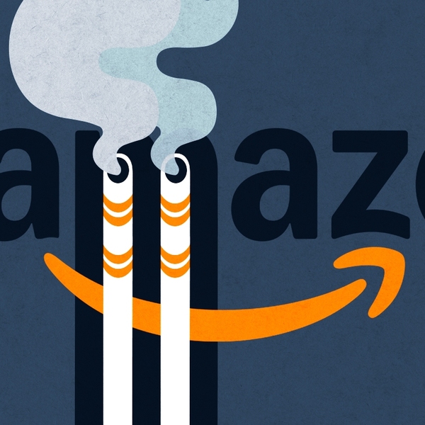 The Amazon logo and smokestacks.