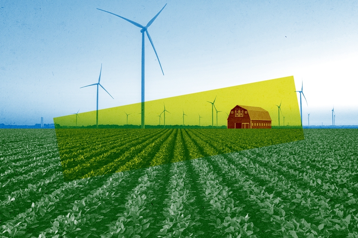Wind turbines and a farm.
