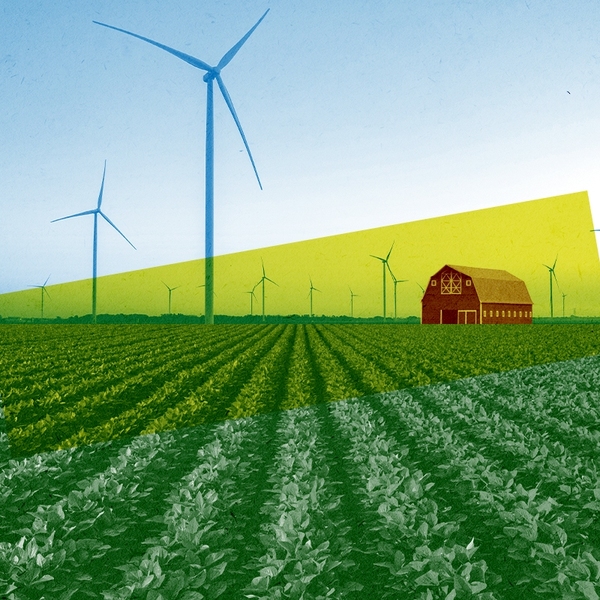 Wind turbines and a farm.