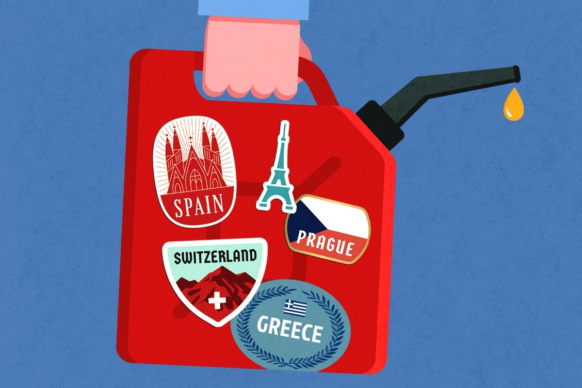 A gas can with stickers on it.