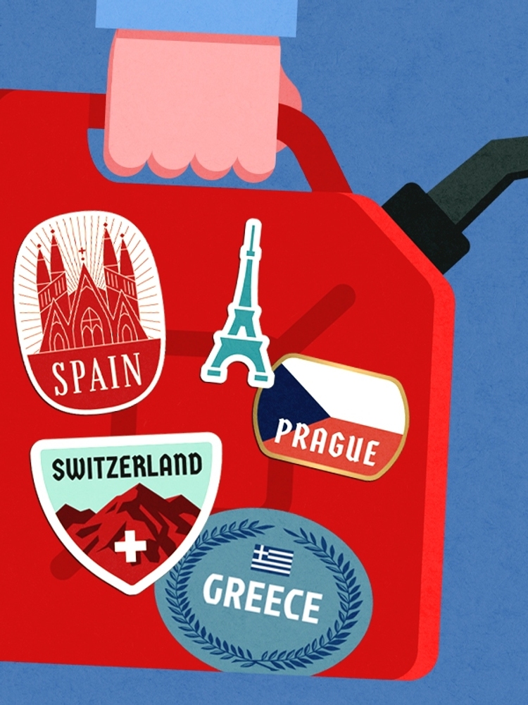 A gas can with stickers on it.