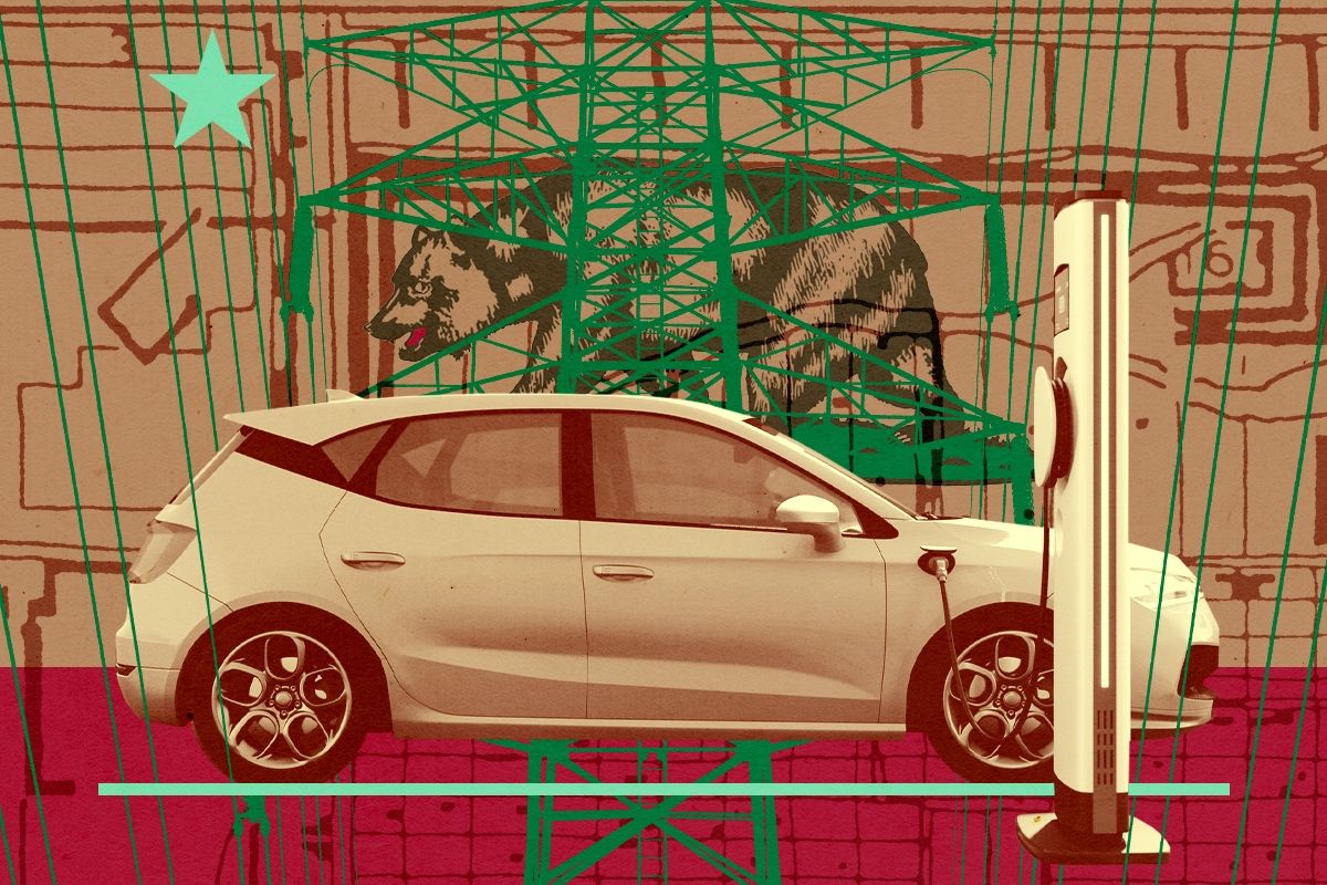 An EV and power lines.