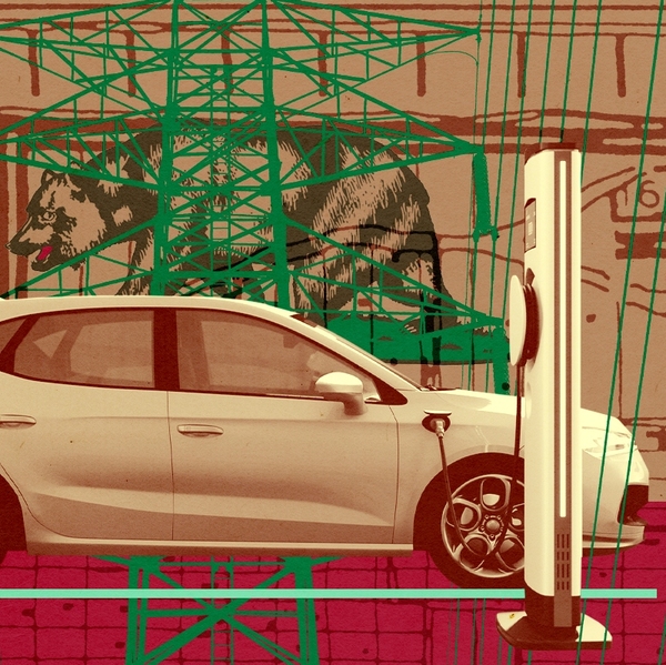 An EV and power lines.