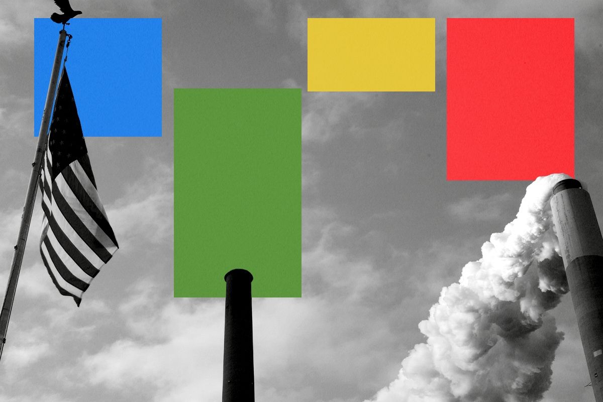 Smokestacks and an American flag.