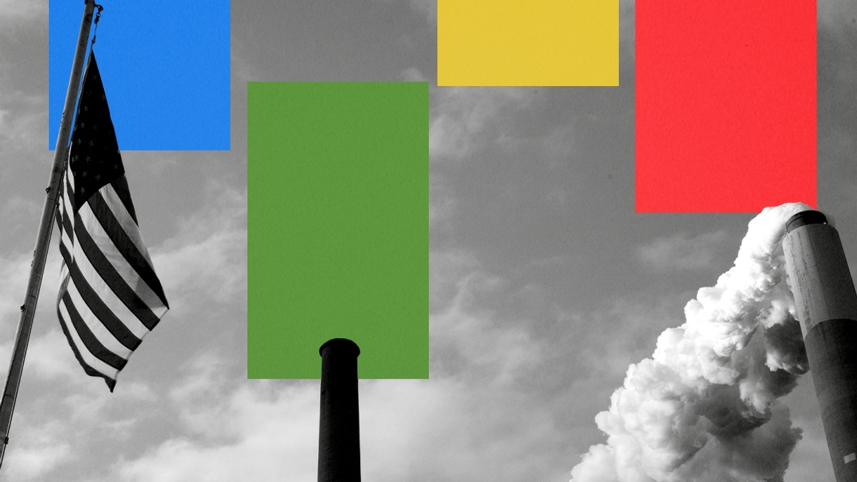Smokestacks and an American flag.