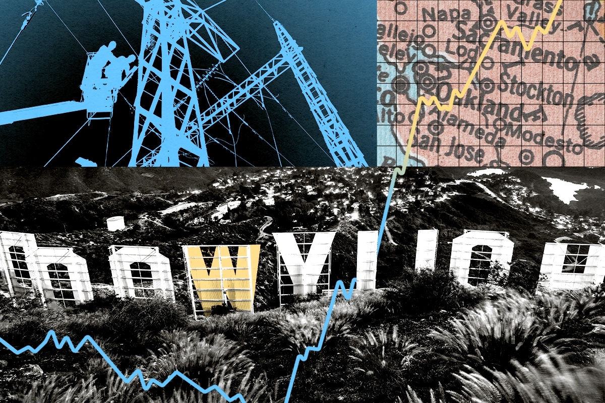 The Hollywood sign and power lines.