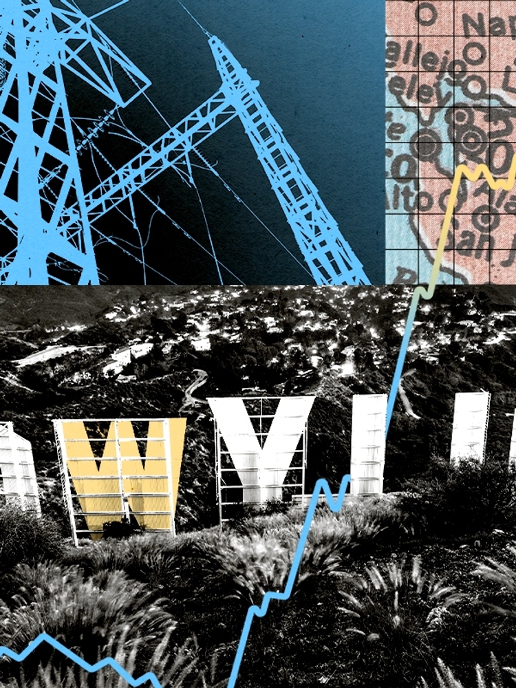 The Hollywood sign and power lines.
