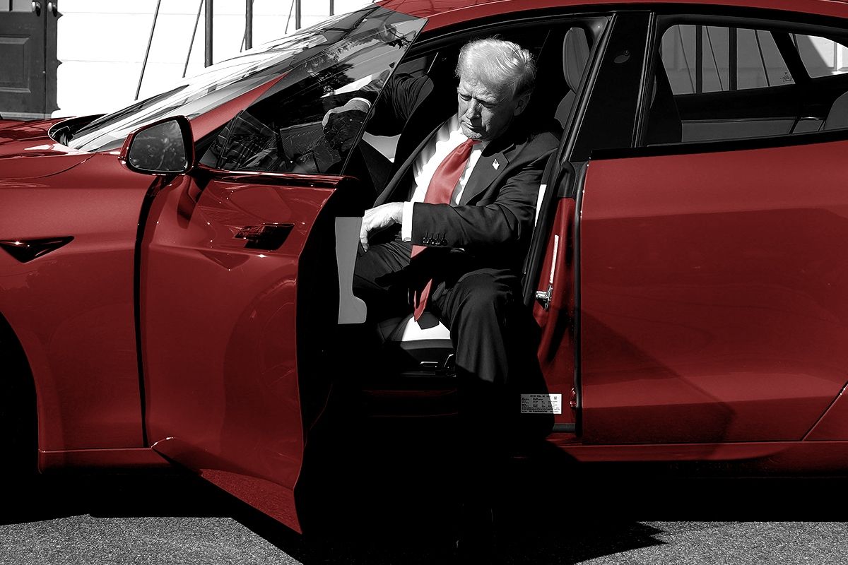 Trump getting out of a Tesla.