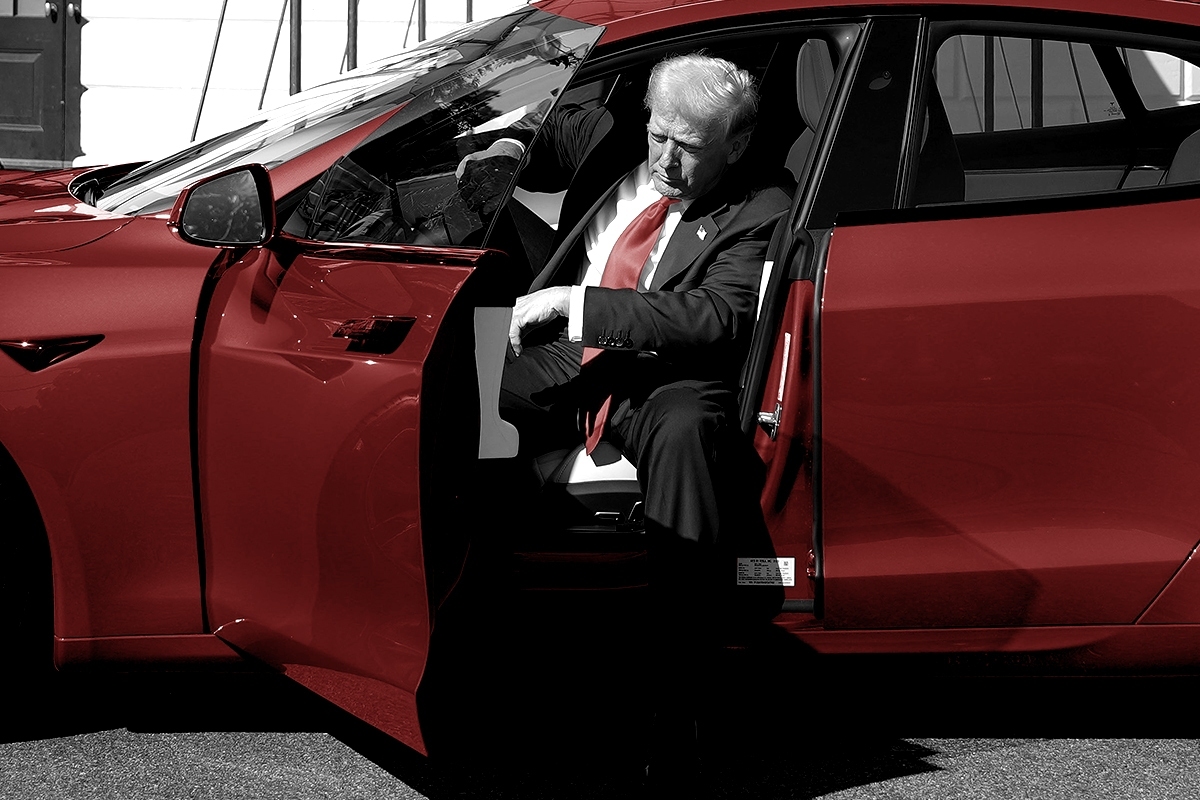 Trump getting out of a Tesla.