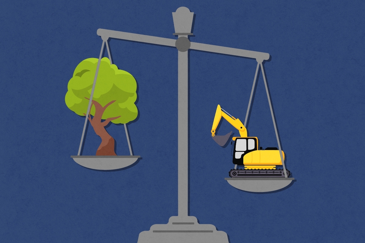 A tree and a bulldozer on a scale.