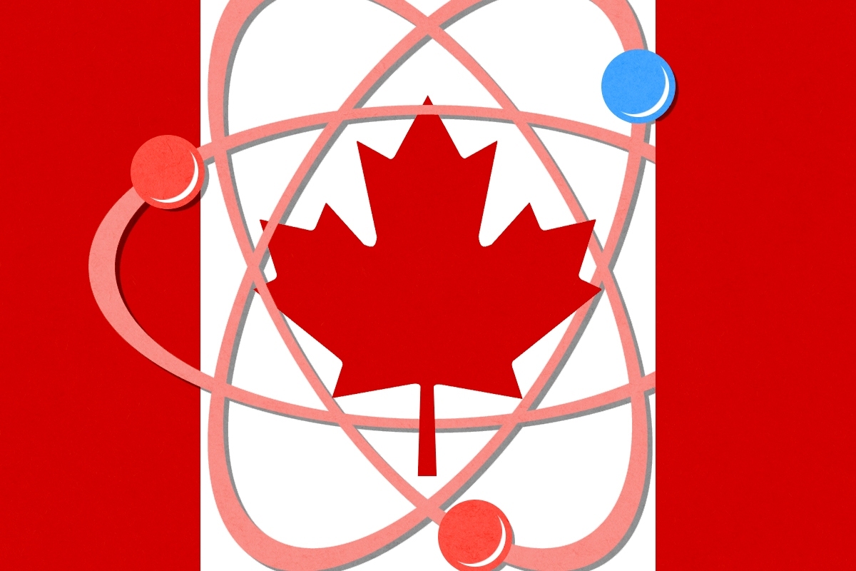 A Canadian flag and an atom.