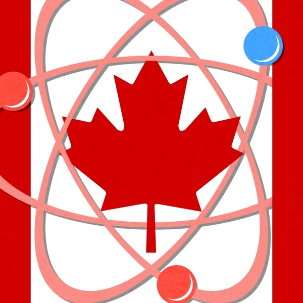 A Canadian flag and an atom.