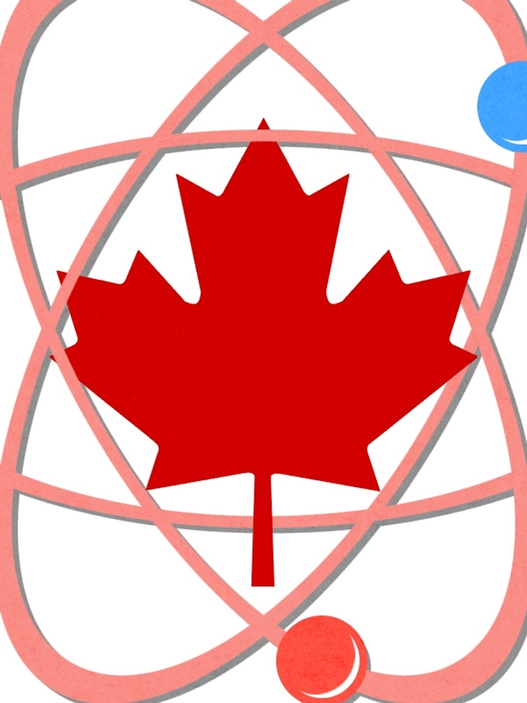 A Canadian flag and an atom.