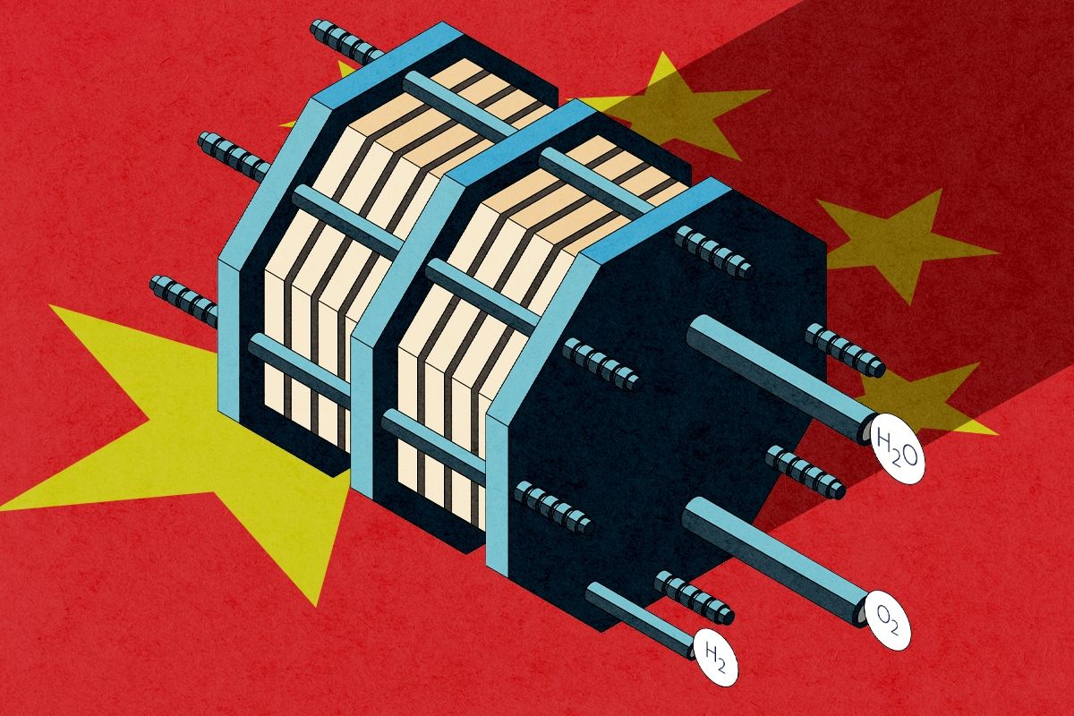 An electrolyzer and the Chinese flag.