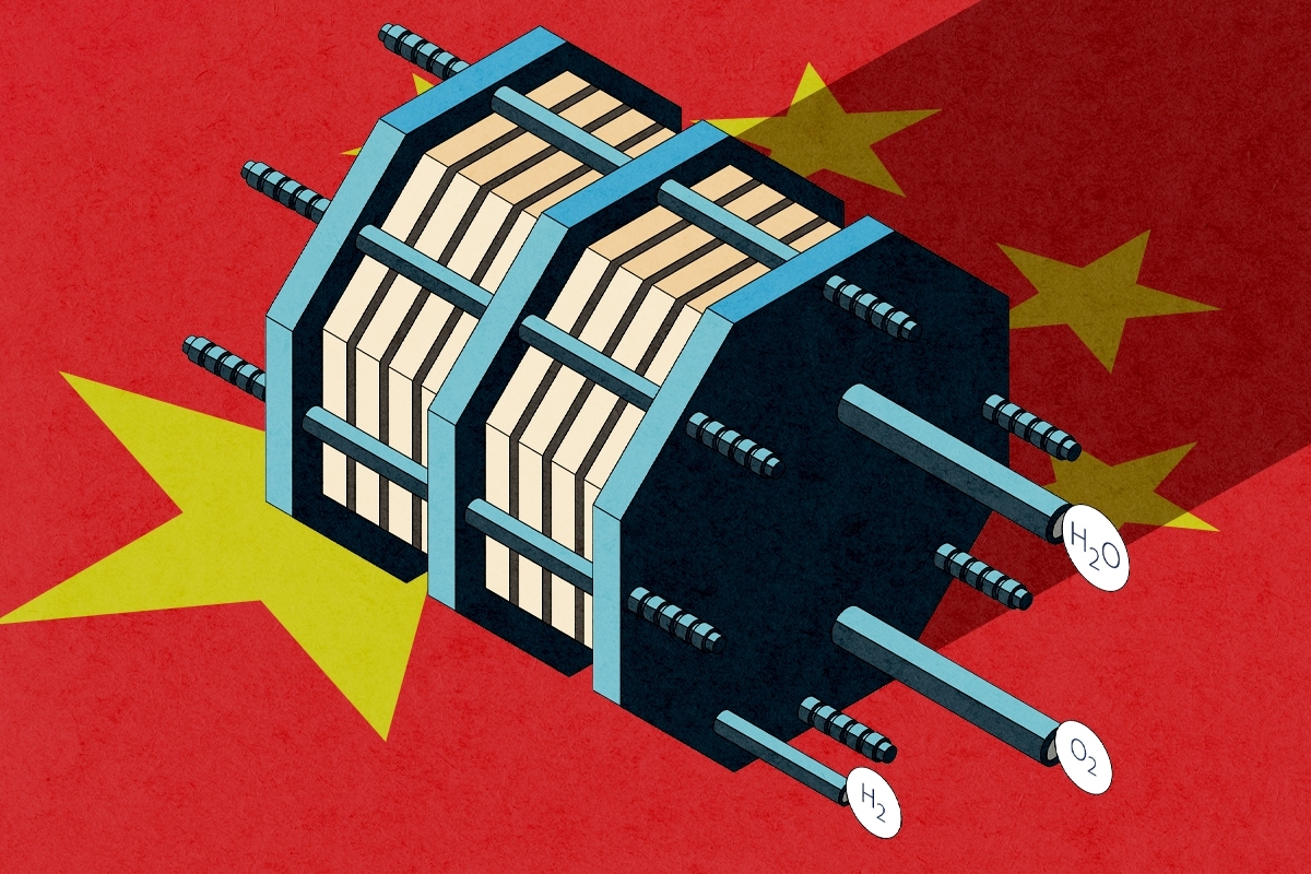 An electrolyzer and the Chinese flag.