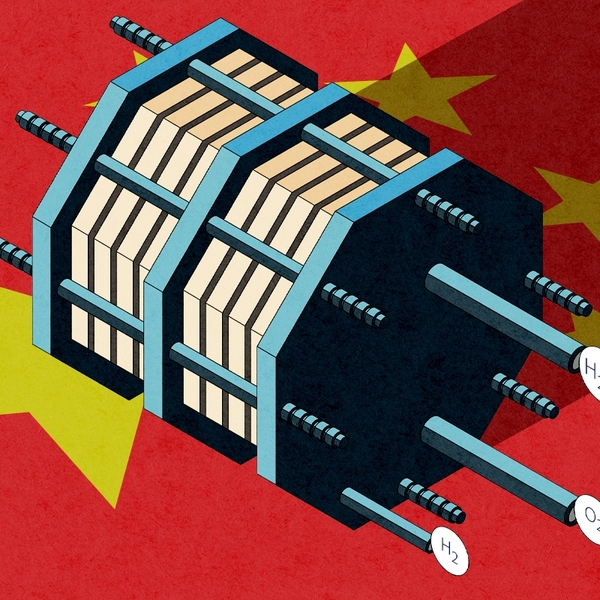An electrolyzer and the Chinese flag.