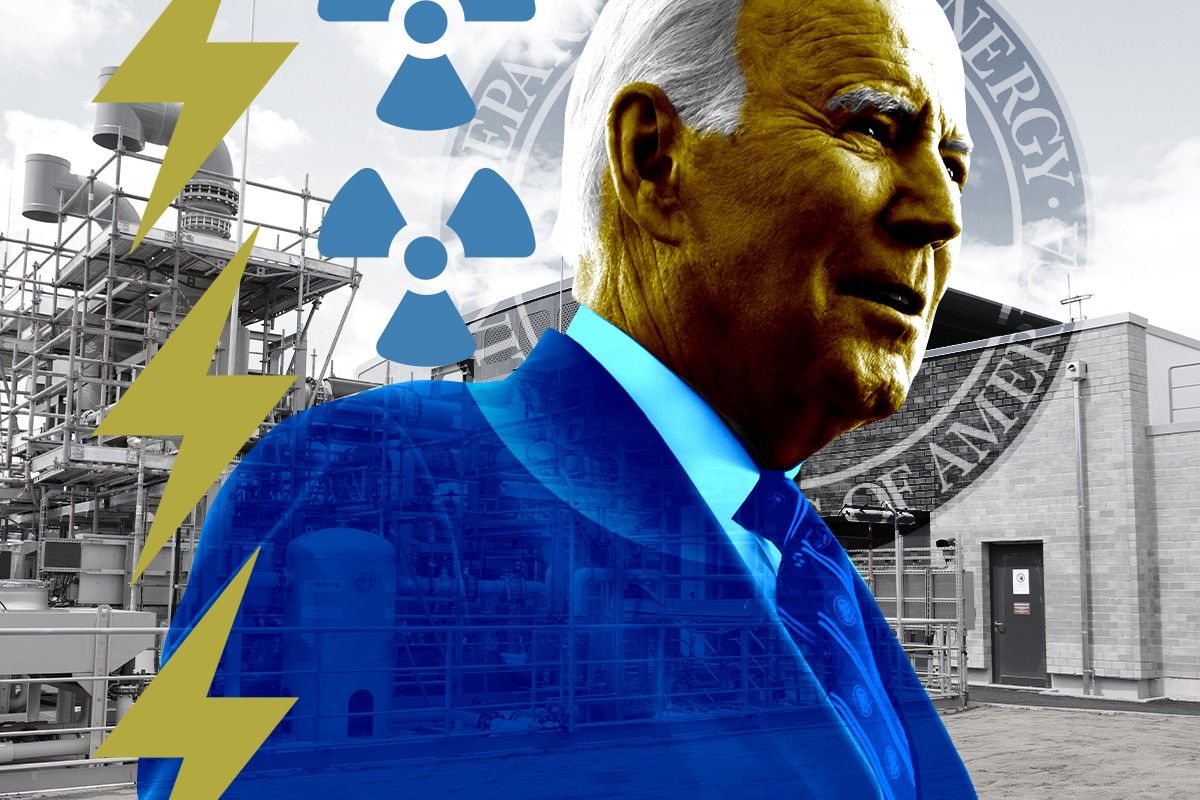 President Biden and energy symbols.