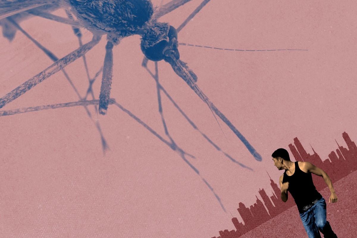 A person running from a giant mosquito.