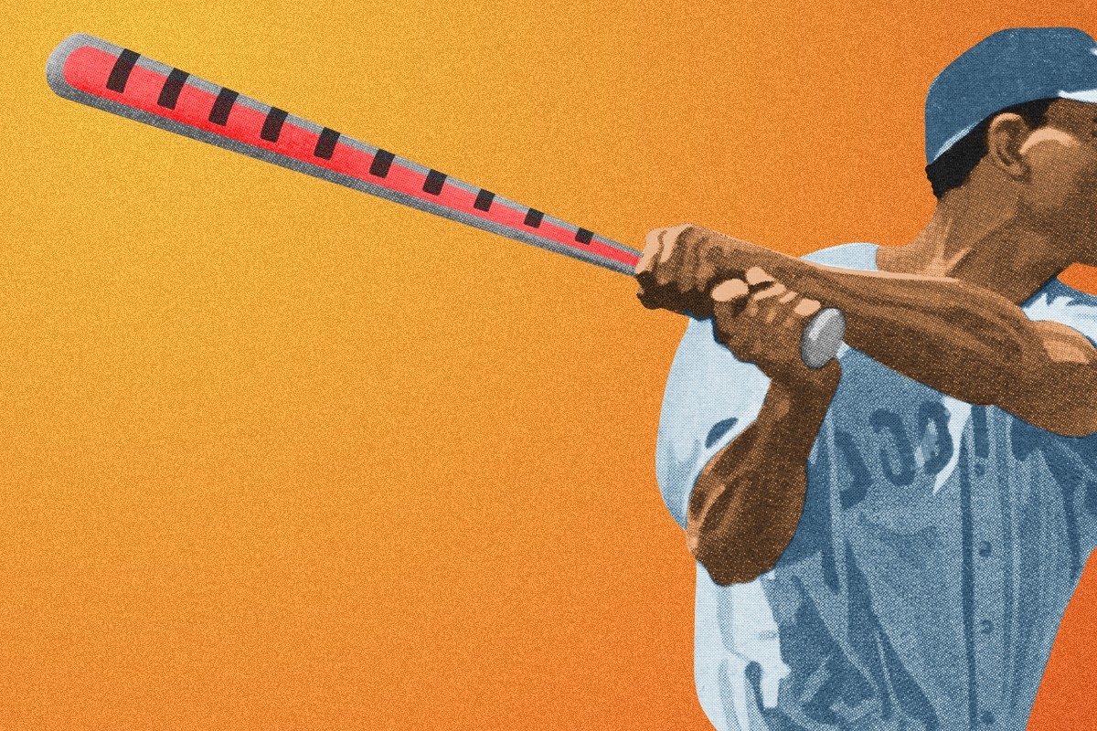 A baseball player swinging a thermometer.