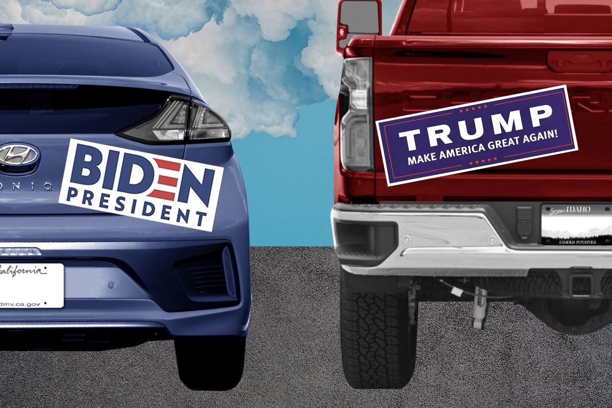 Vehicles with political bumper stickers.