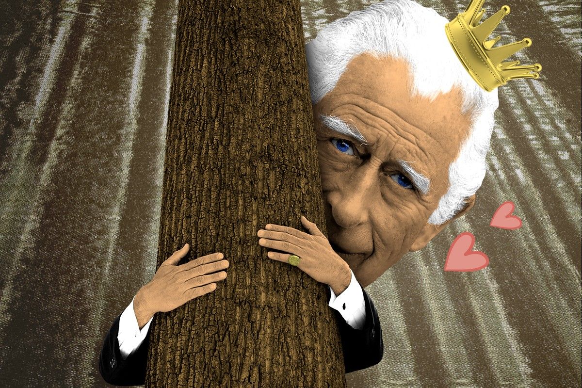 King Charles hugging a tree.
