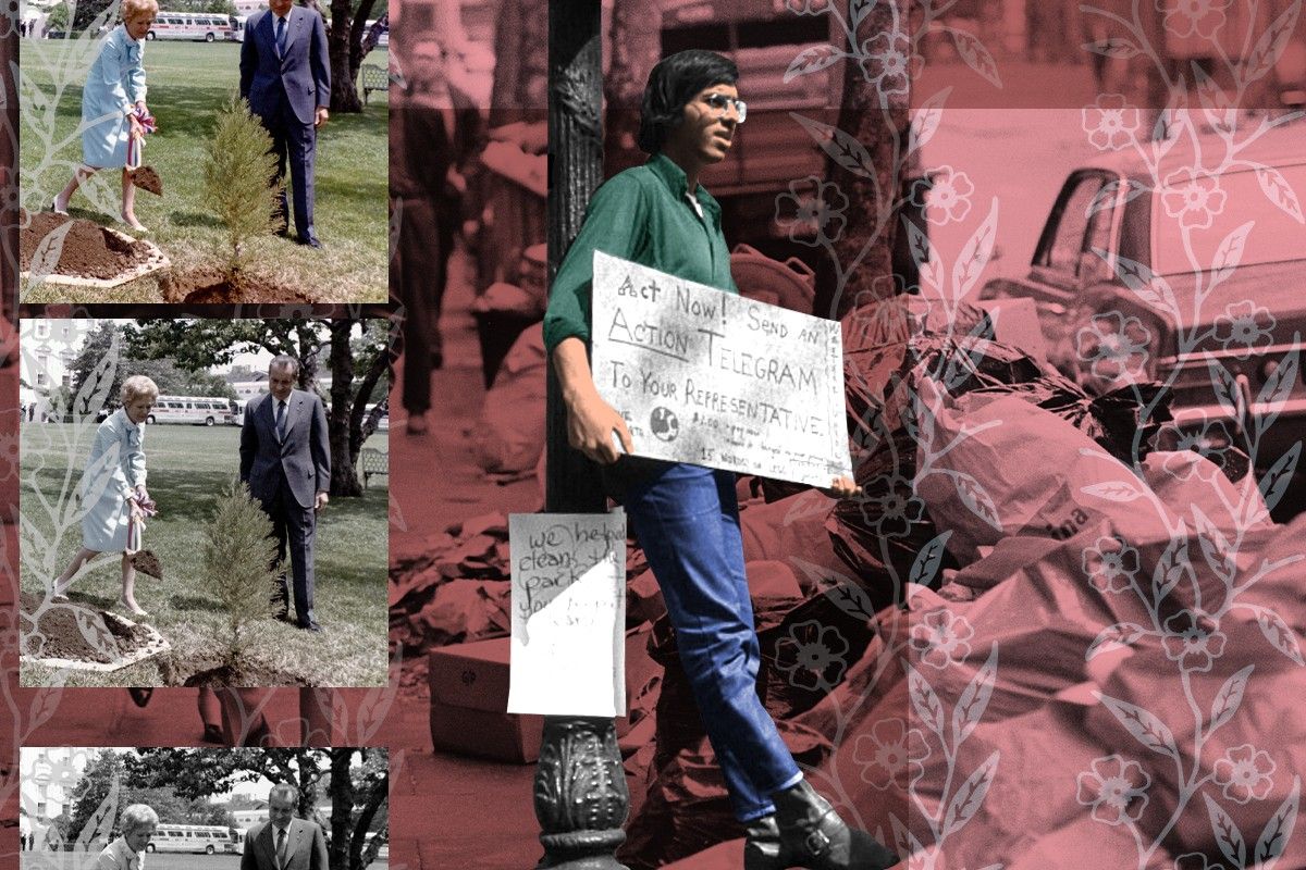 An Earth Day protester and the Nixons.