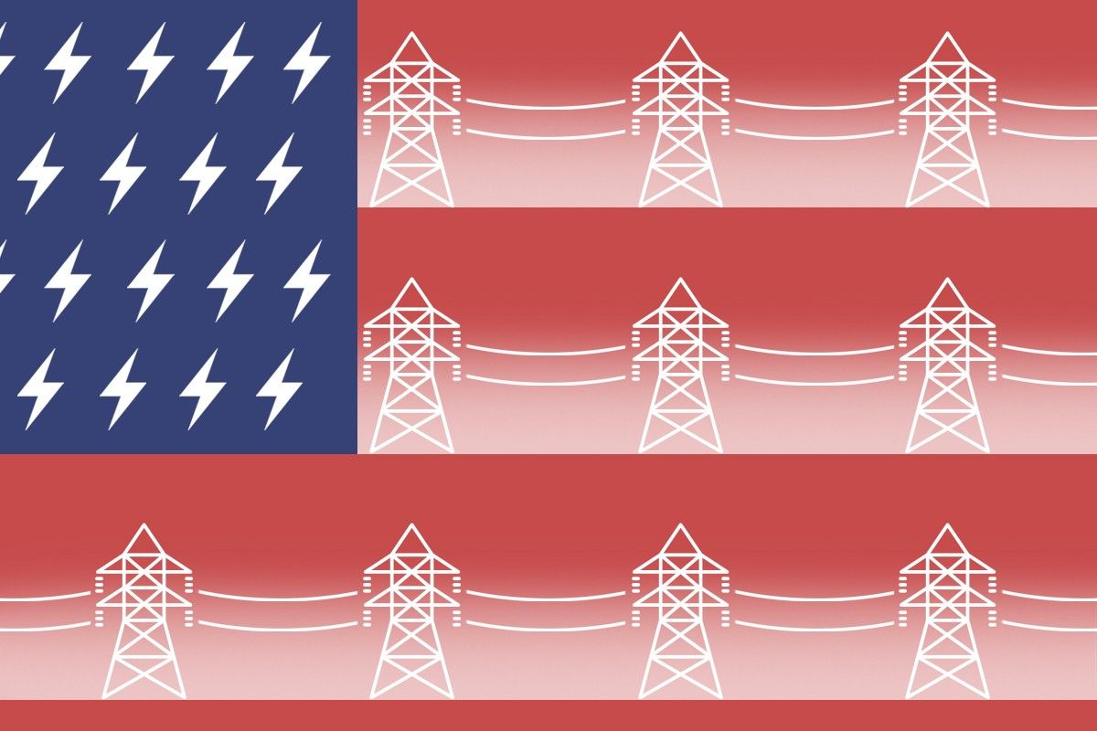 An American flag and power lines.